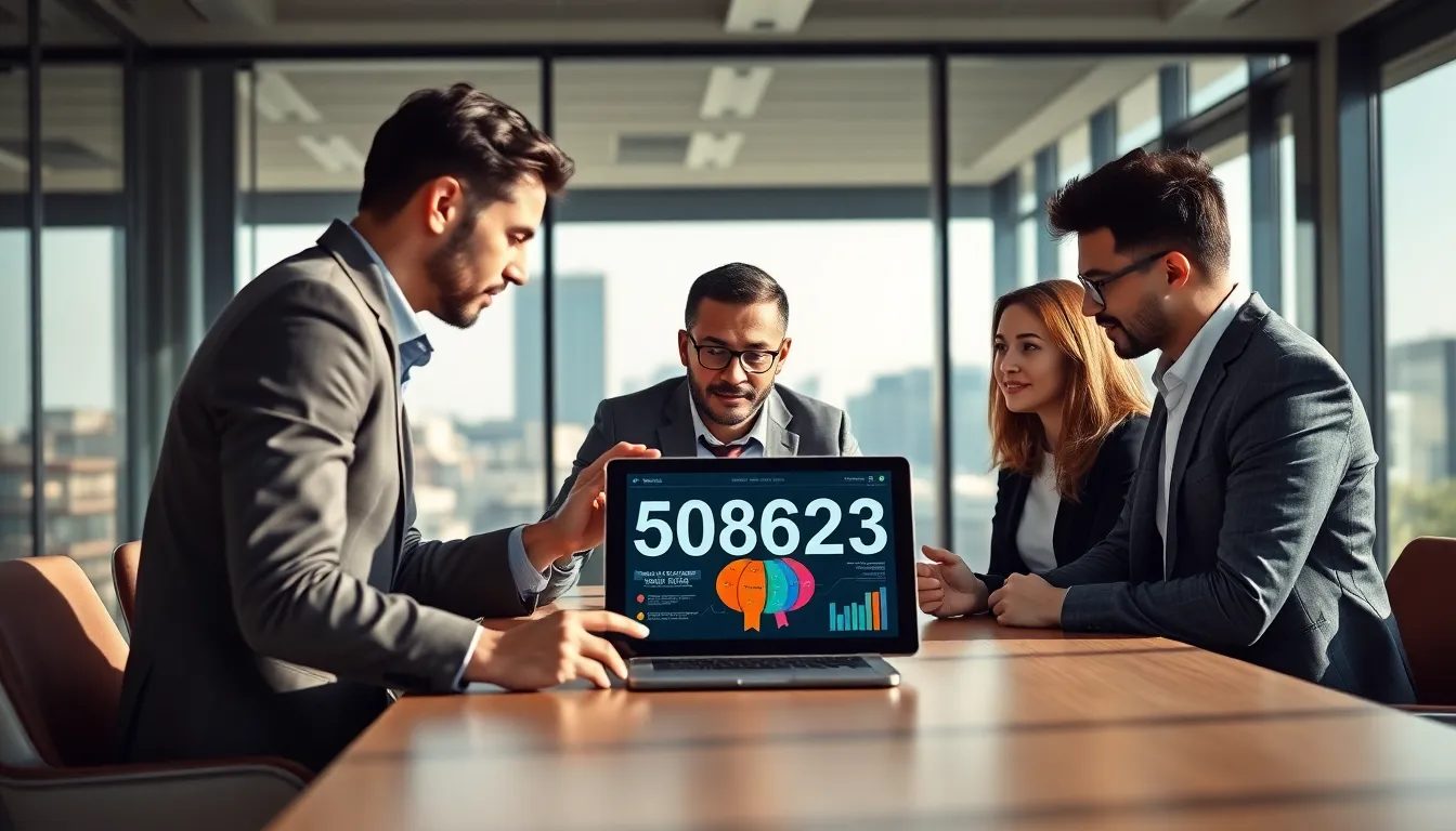 diverse professionals discussing the significance of the number 5086157623.