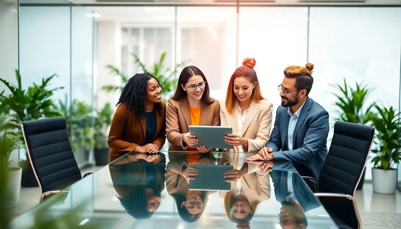 professionals discussing the Duos app in a modern office