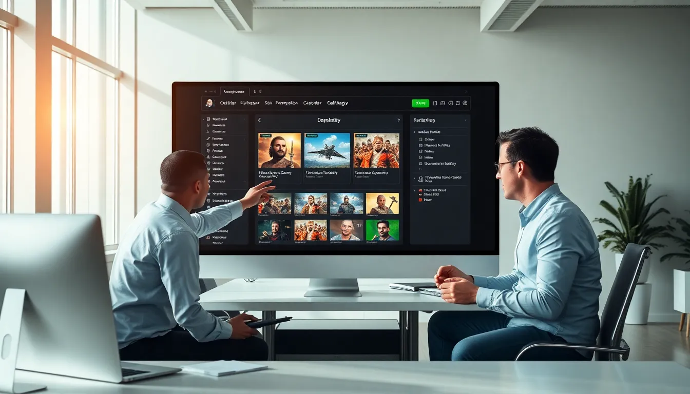 professionals collaborating in a modern office on gaming strategy tools.