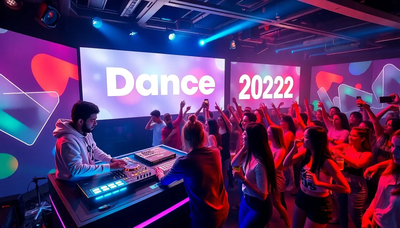 a vibrant DJ performance with an enthusiastic dancing crowd.