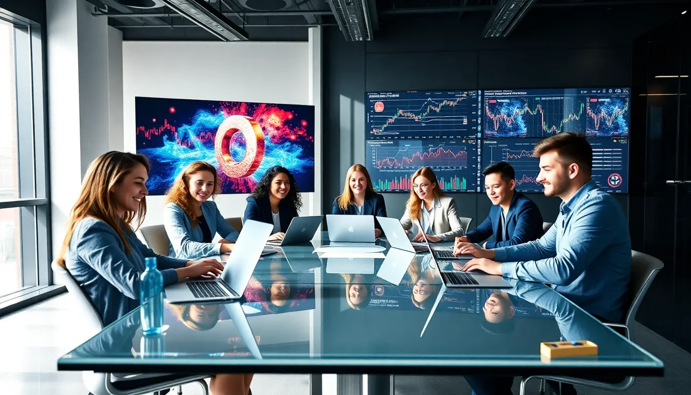 diverse team collaborating in a modern office on cryptocurrency solutions.