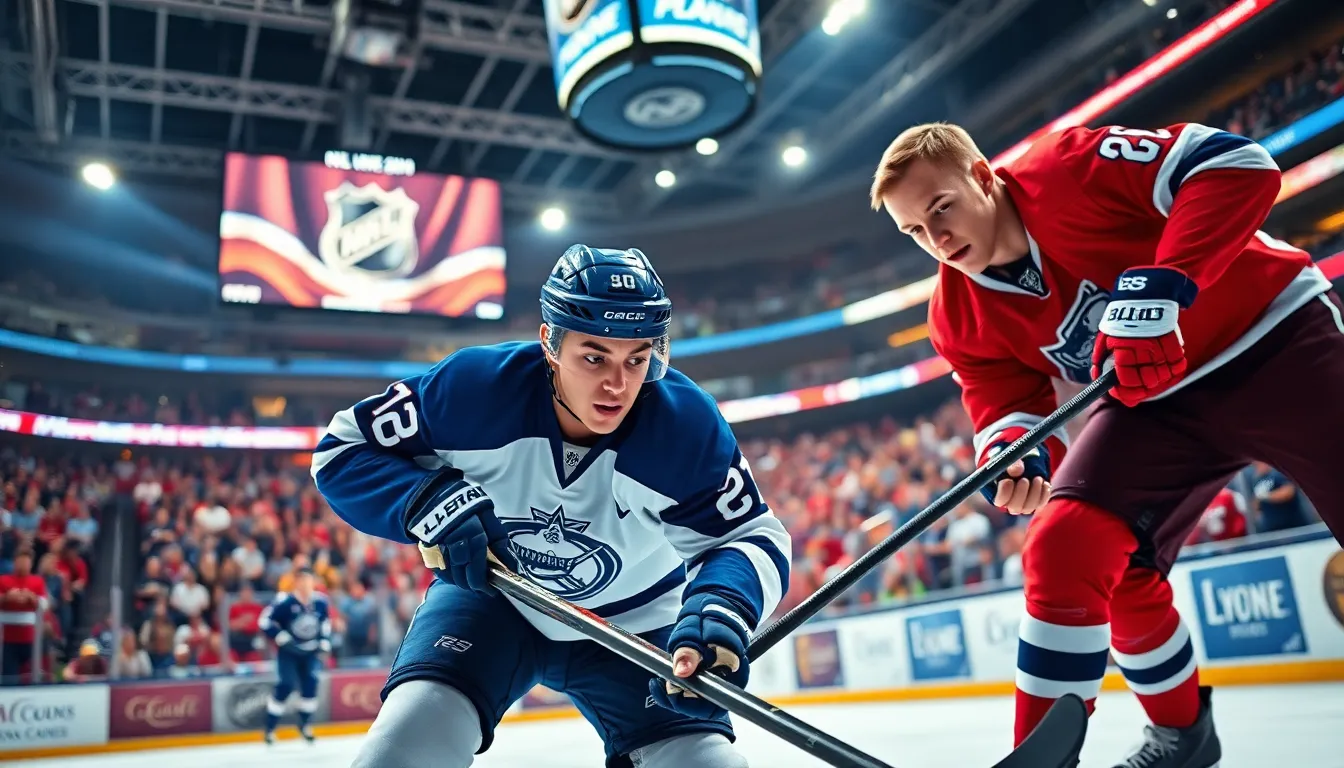 Hockey players battling for the puck in an electric arena during a game.