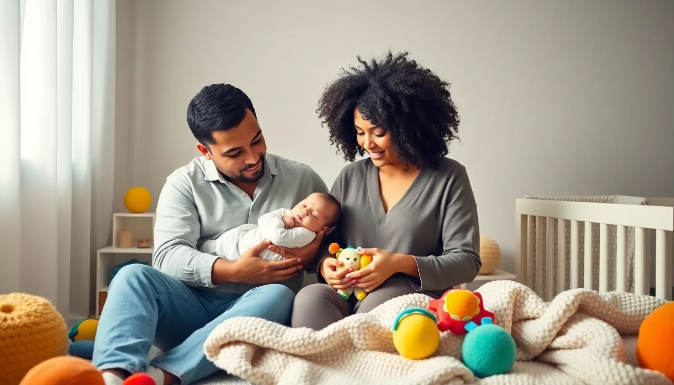 diverse family interacting with their newborn in a modern nursery.