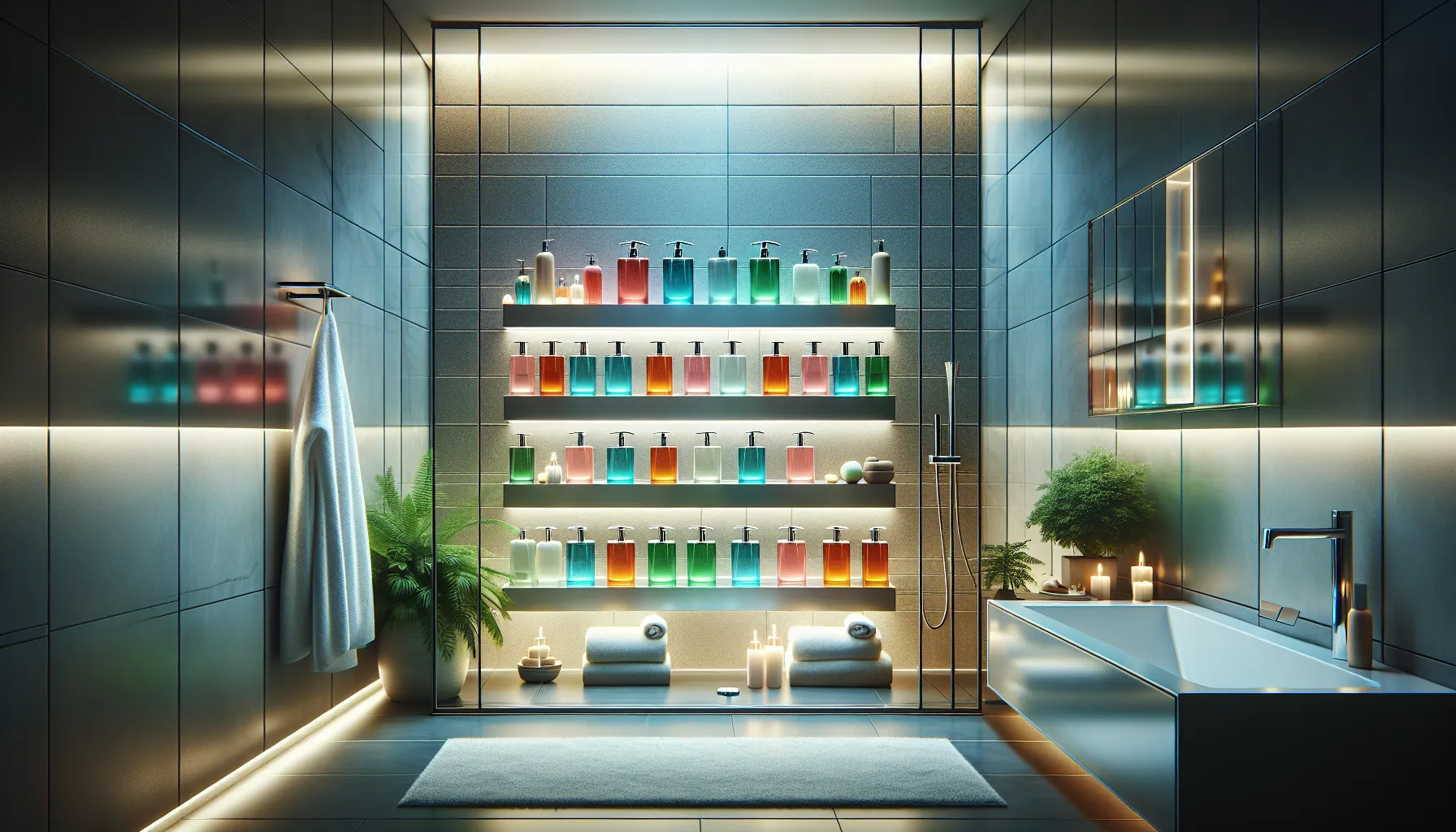 modern bathroom with colorful suihkushsmpoo products on display.