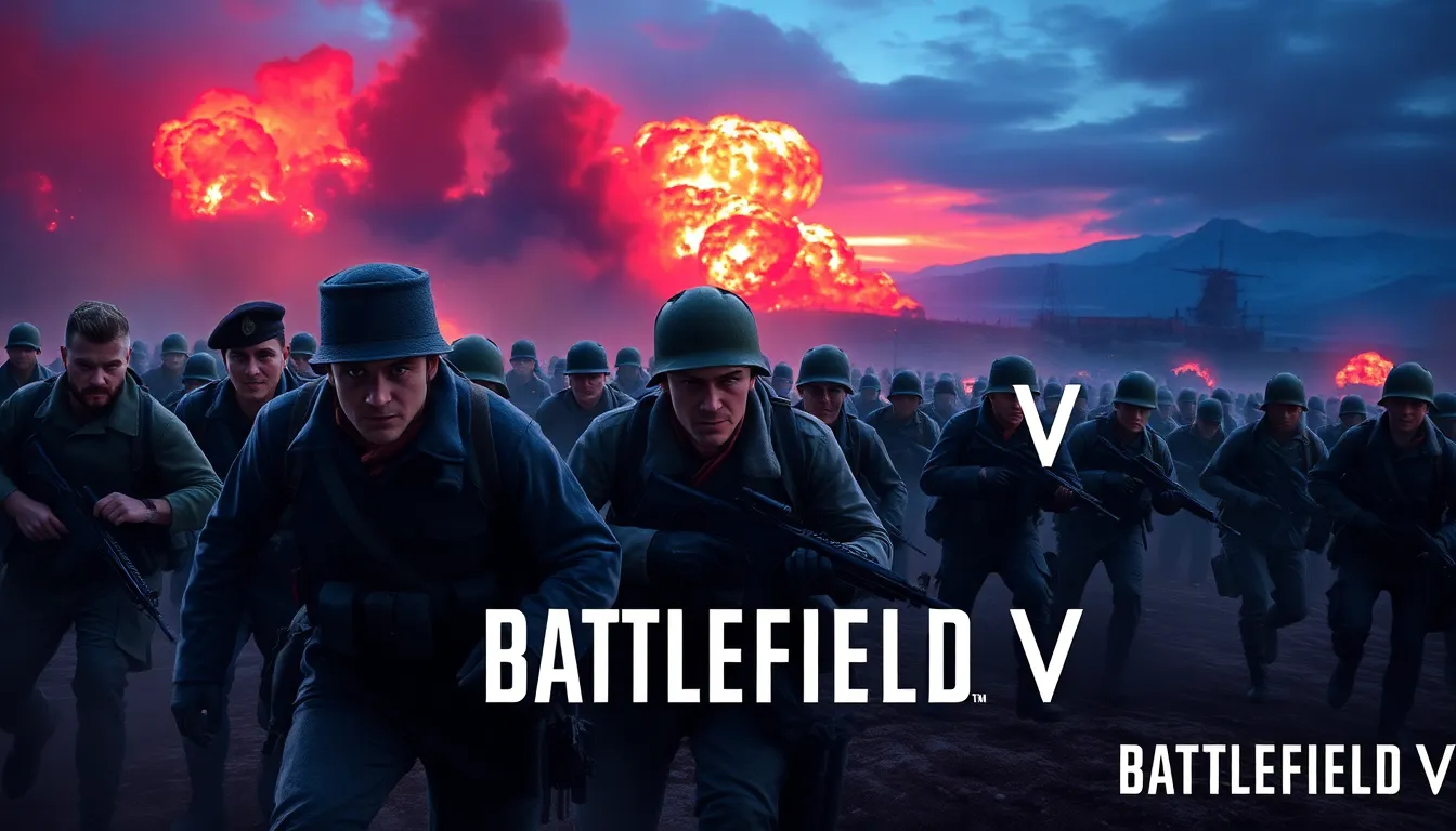 Battlefield V themed wallpaper with soldiers in combat on a dramatic battlefield.