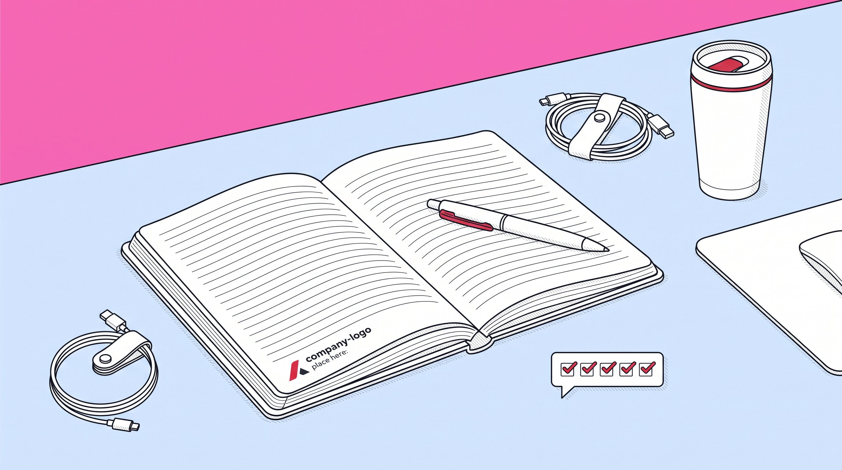 Useful branded notebook, pen, tumbler, cable organizer, and employee survey icon.