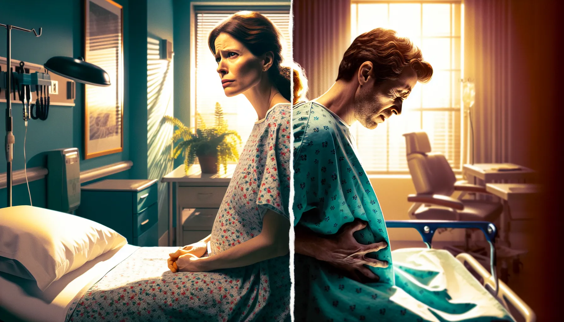 A woman in labor and a man suffering from kidney stones in contrasting settings.