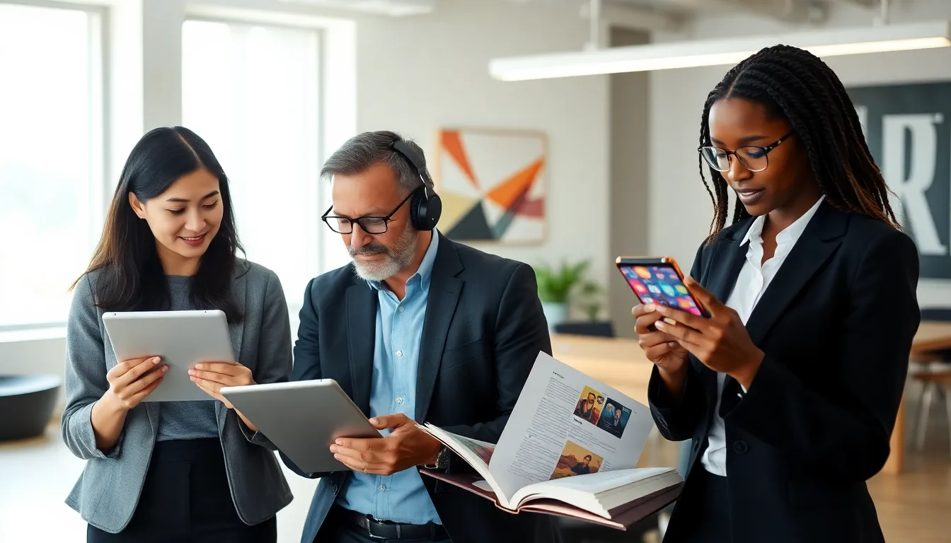 diverse group using reading apps in a modern office.
