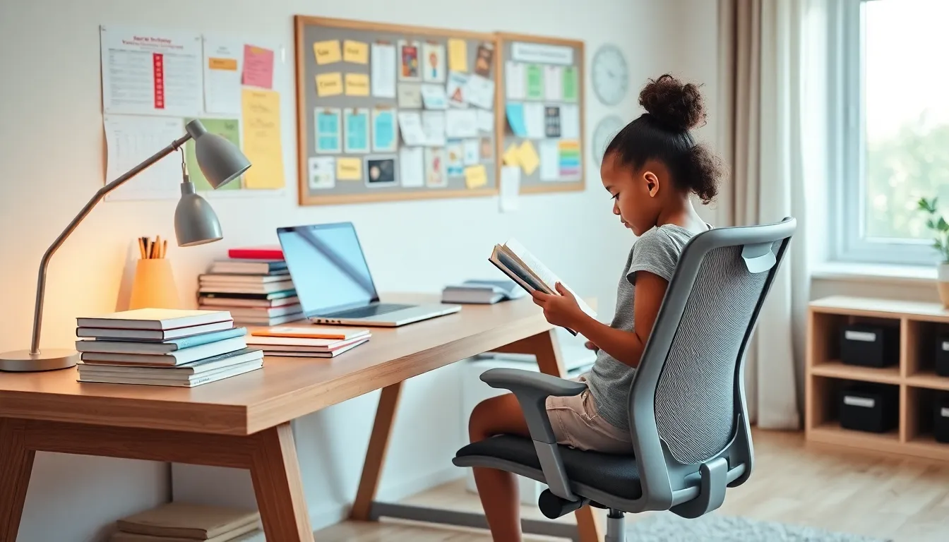 child studying in a cozy homeschooling space with educational materials.
