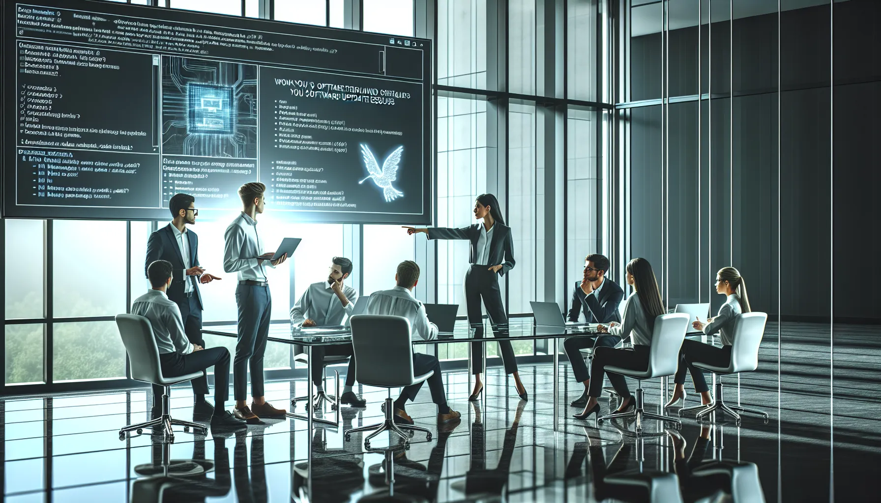 IT team discussing software update troubleshooting in a modern office.