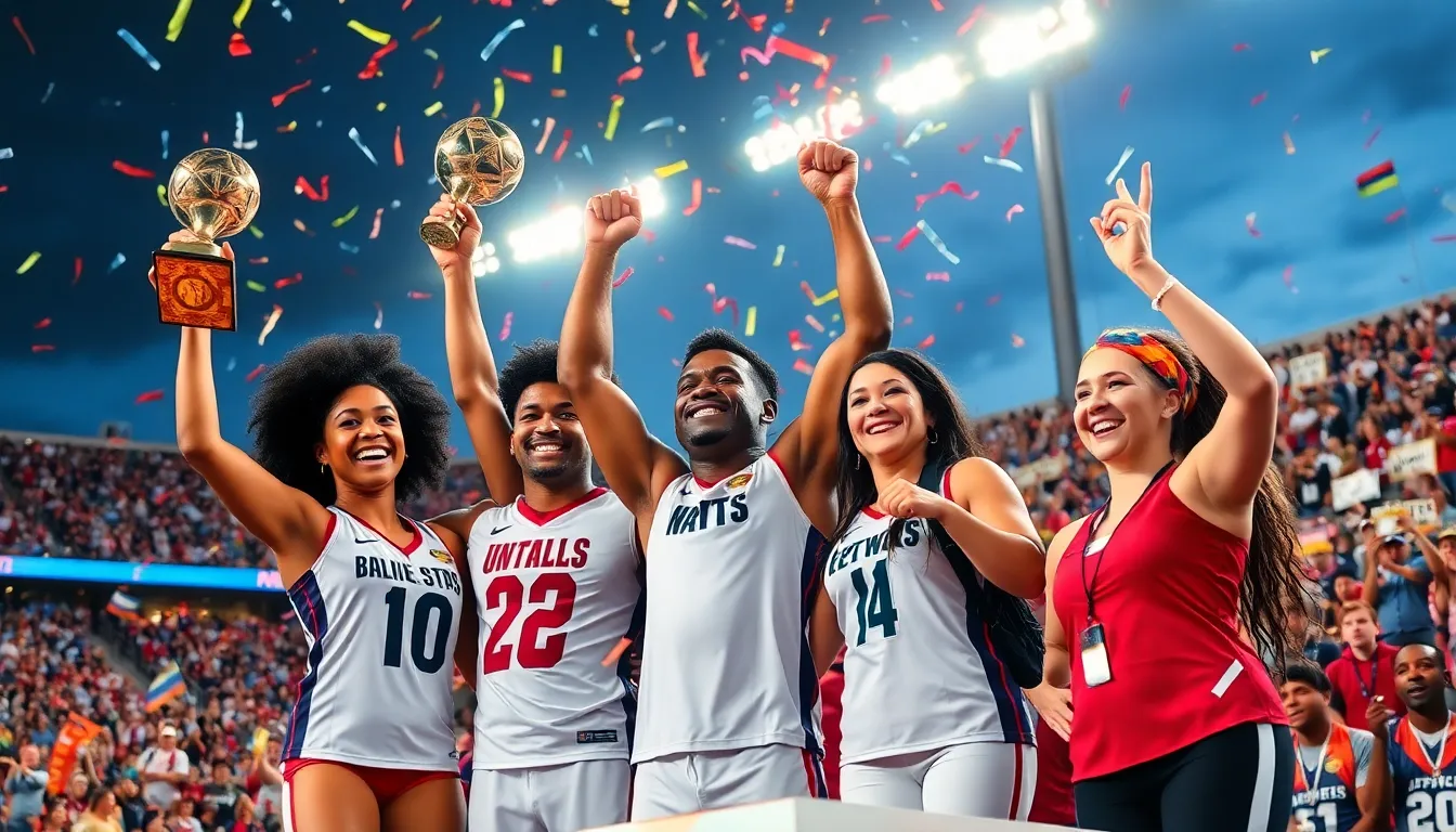 a diverse sports team celebrating an unexpected victory in a lively stadium.