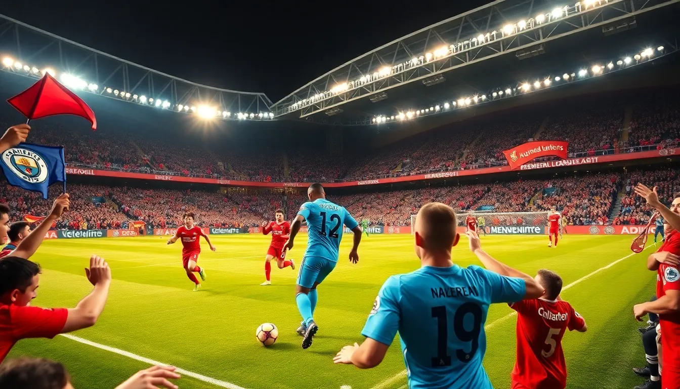 a packed football stadium with fans cheering for Manchester City and Liverpool.