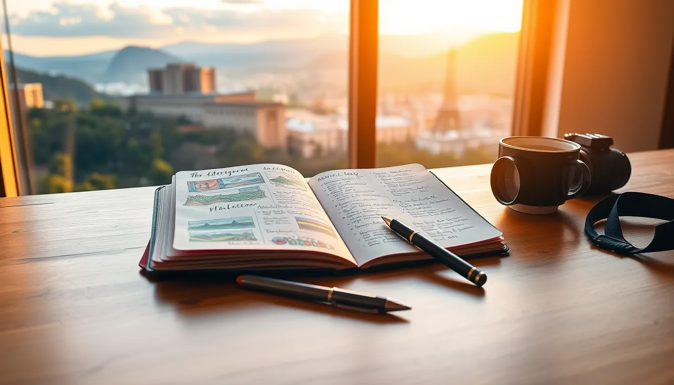 an open travel diary with sketches and notes beside a coffee cup.