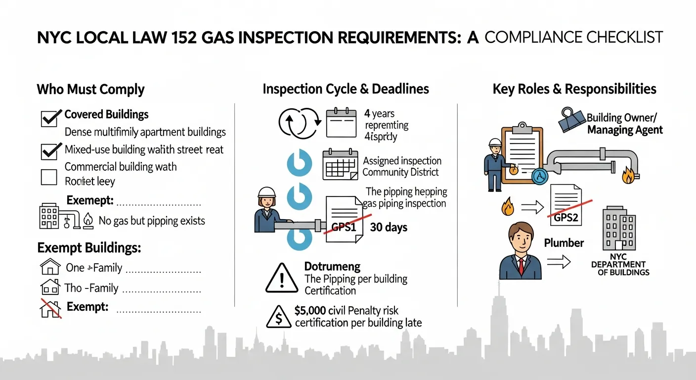 Infographic showing NYC Local Law 152 gas inspection coverage, timelines, and key roles.