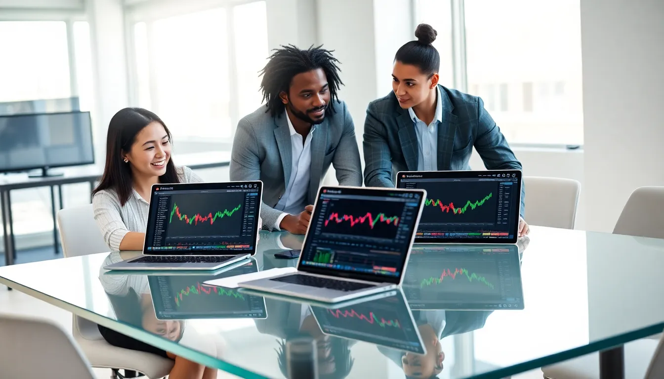 diverse team collaborating on cryptocurrency trading in a modern office.