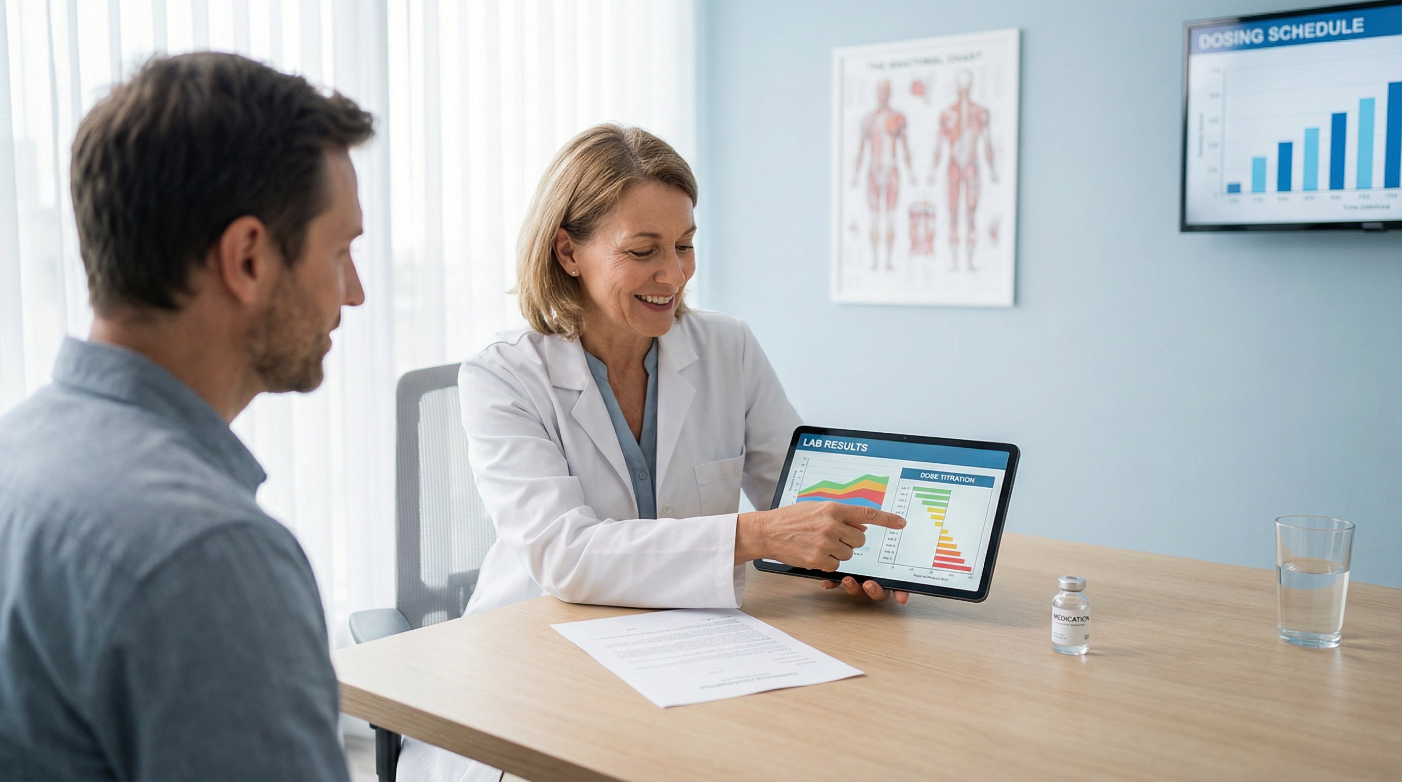 Physician reviewing lab results and dosing plan with a patient in a modern clinic.