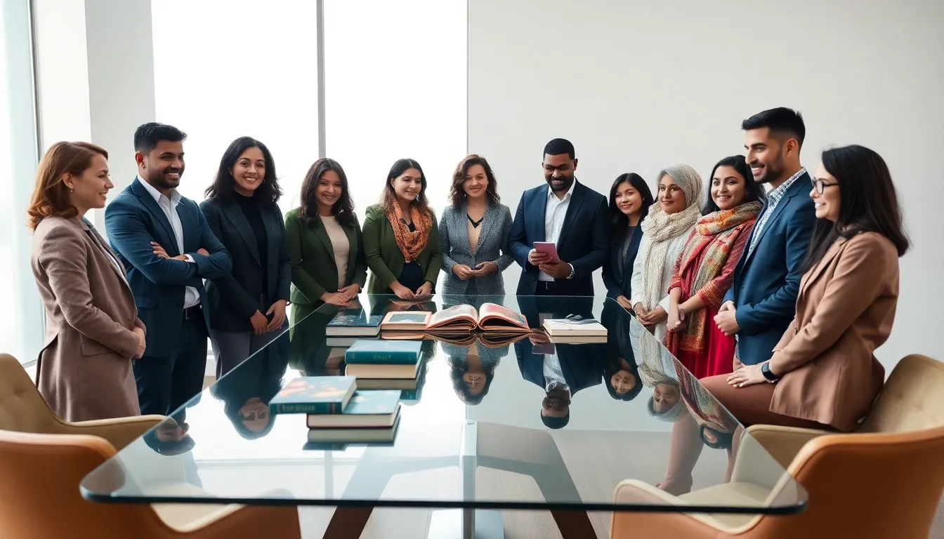 diverse team discussing cultural cohesion in a modern office.