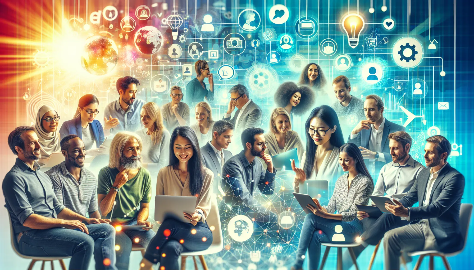 diverse individuals engaging in an online community discussion.