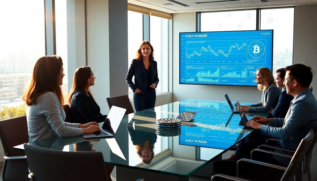 diverse professionals discussing cryptocurrency in a modern office.