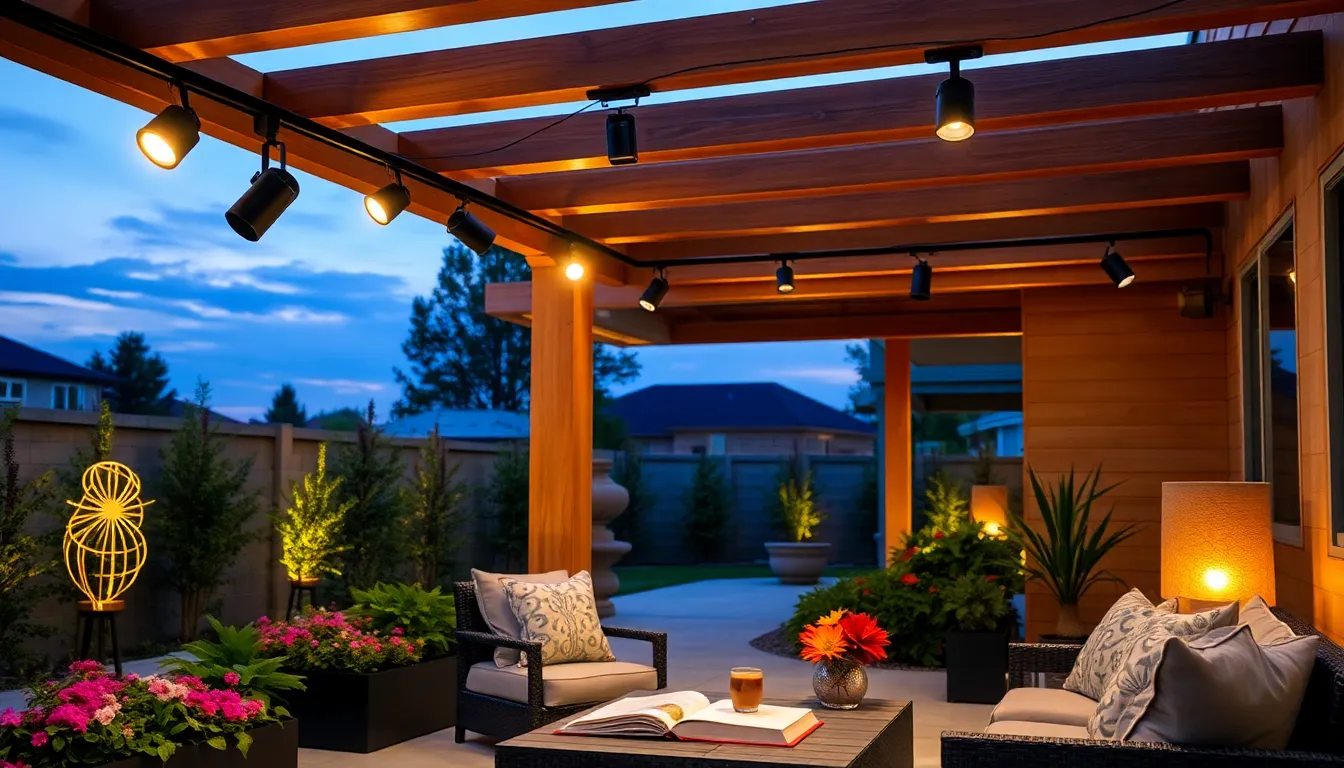 modern outdoor space with adjustable track lighting and cozy seating.