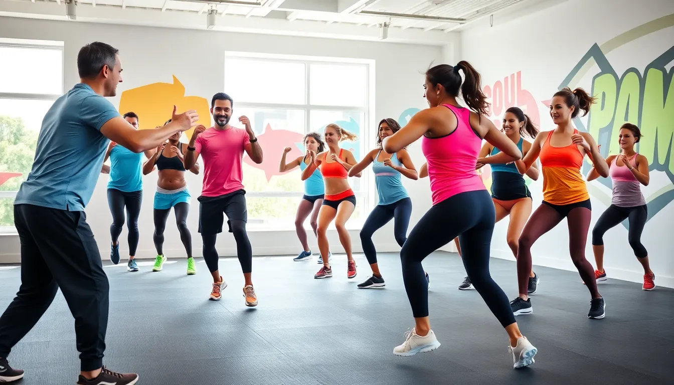 diverse group participating in an energetic fitness training session.