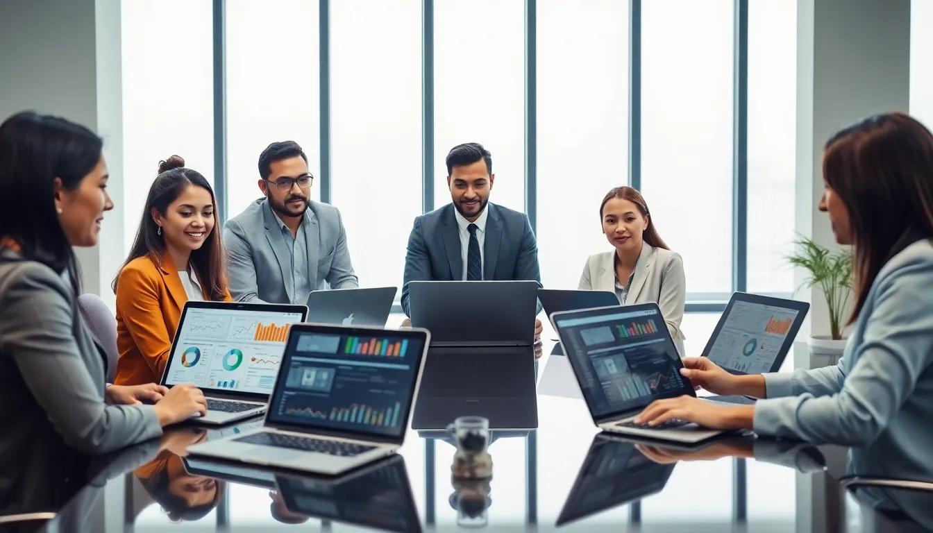 diverse team collaborating on technology in a modern office setting.