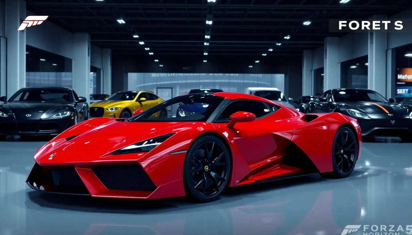 modern car showroom showcasing high-performance vehicles from Forza Horizon 5.