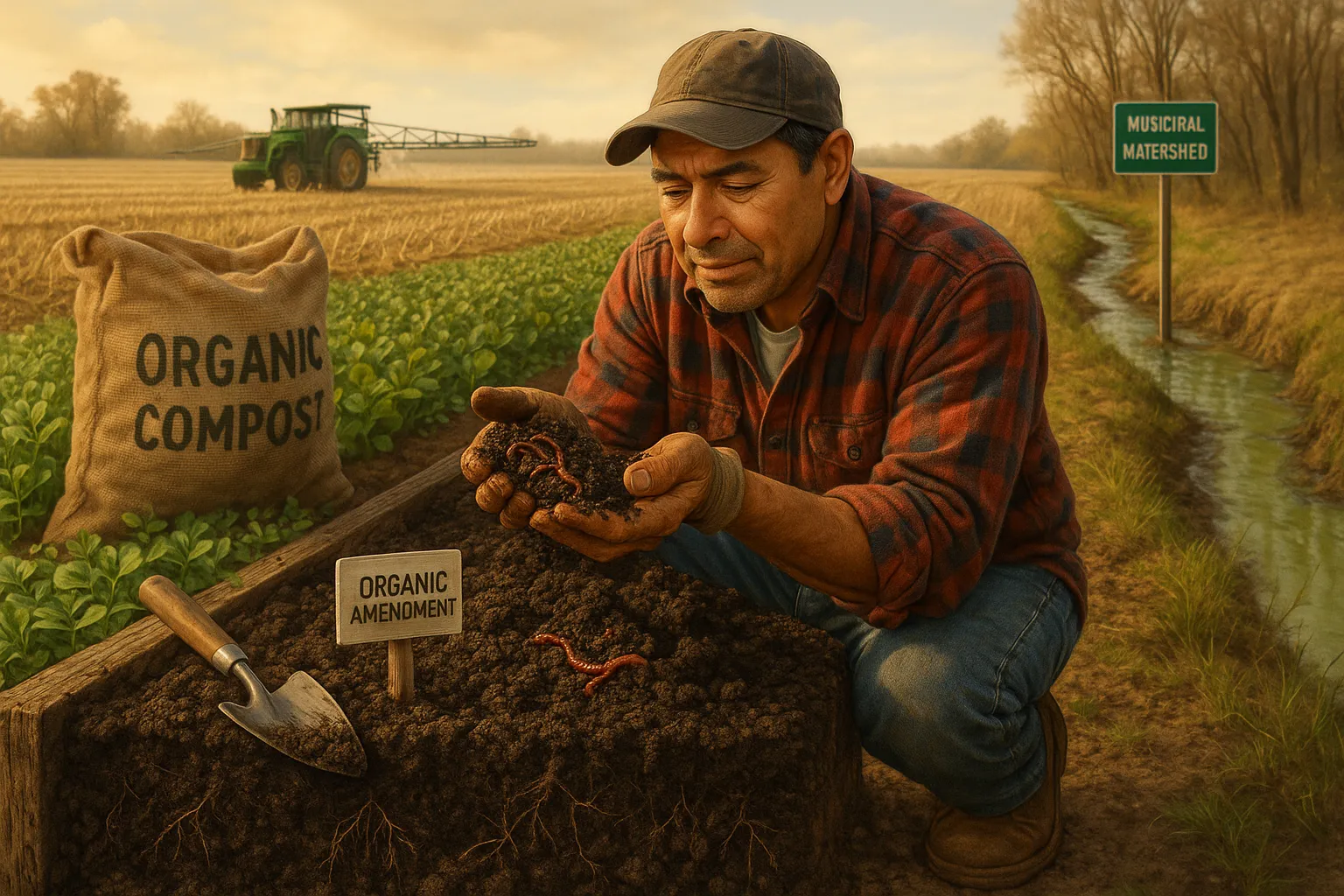 A farmer holds compost with earthworms beside a creek showing nutrient runoff.