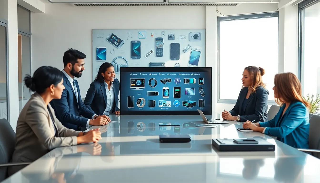 diverse professionals discussing gadgets in a modern office.