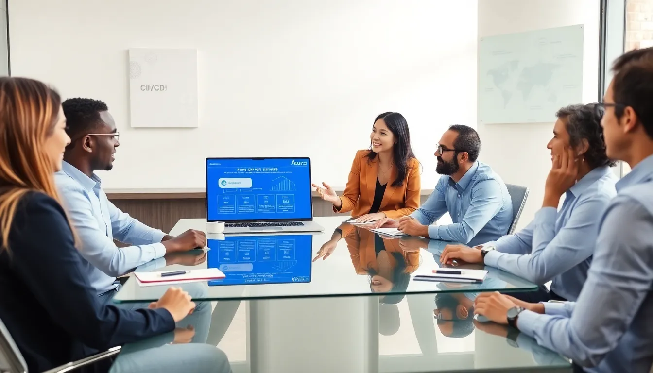Diverse IT team discussing Azure DevOps concepts in a modern office.