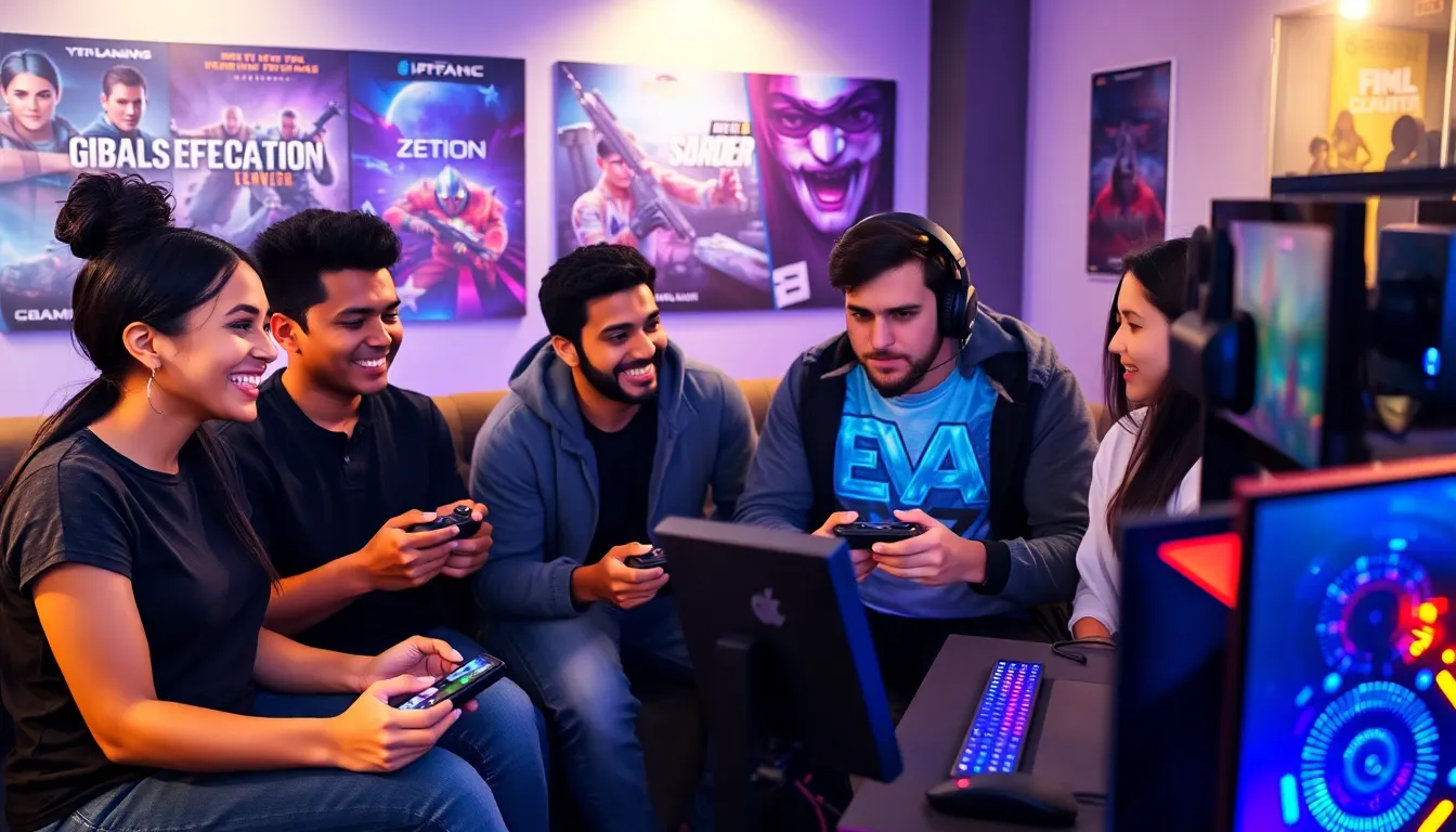 diverse group gaming in a modern lounge setting.