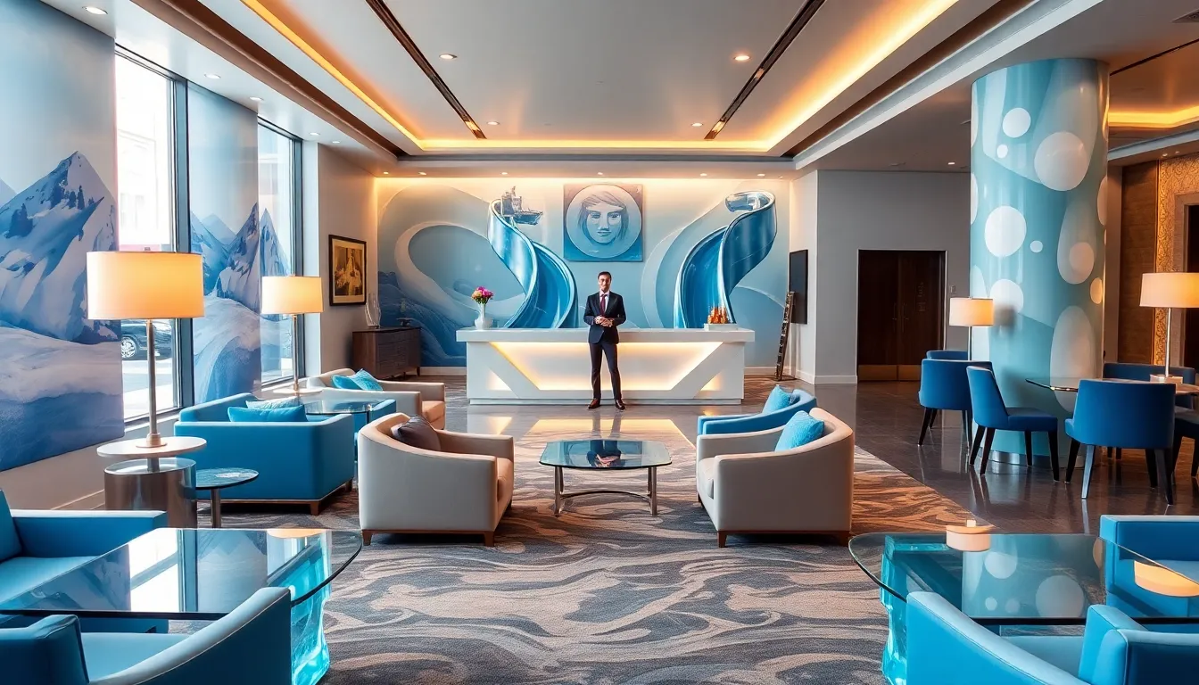 modern hotel lobby inspired by Frozone from Disney's Incredibles.