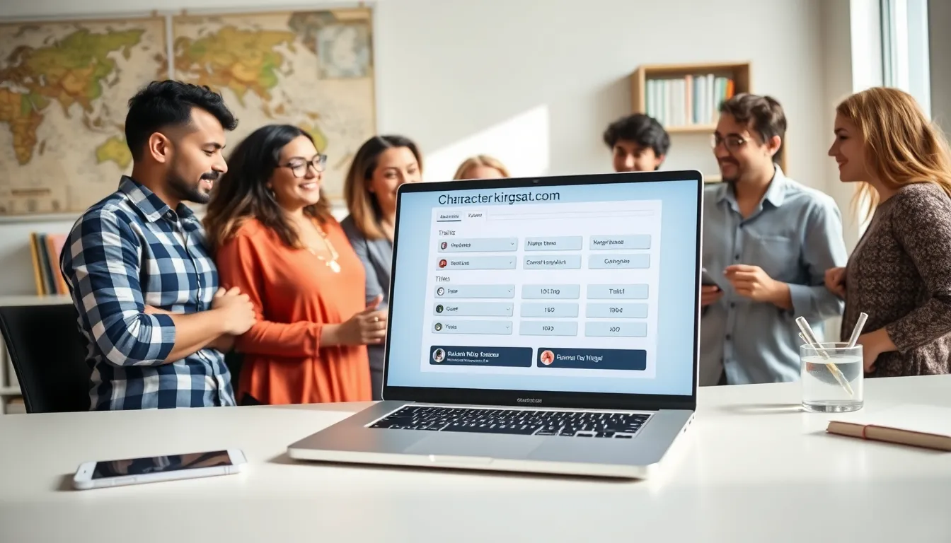 a laptop displaying character generator tool with diverse players discussing ideas.