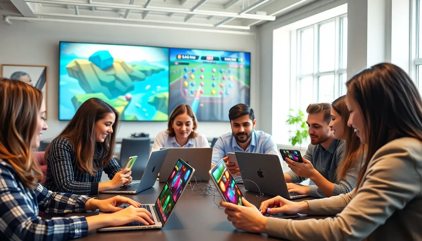diverse team playing advanced mobile puzzle games in a modern office.