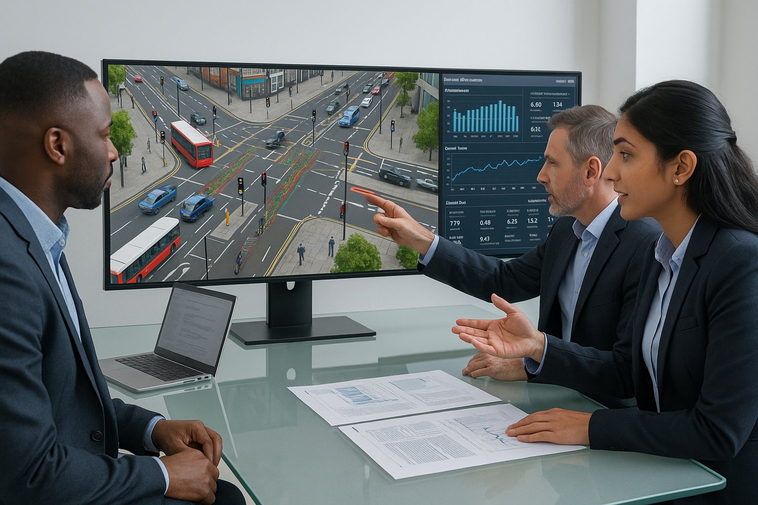 Traffic consultants reviewing urban road simulation in a modern UK office.