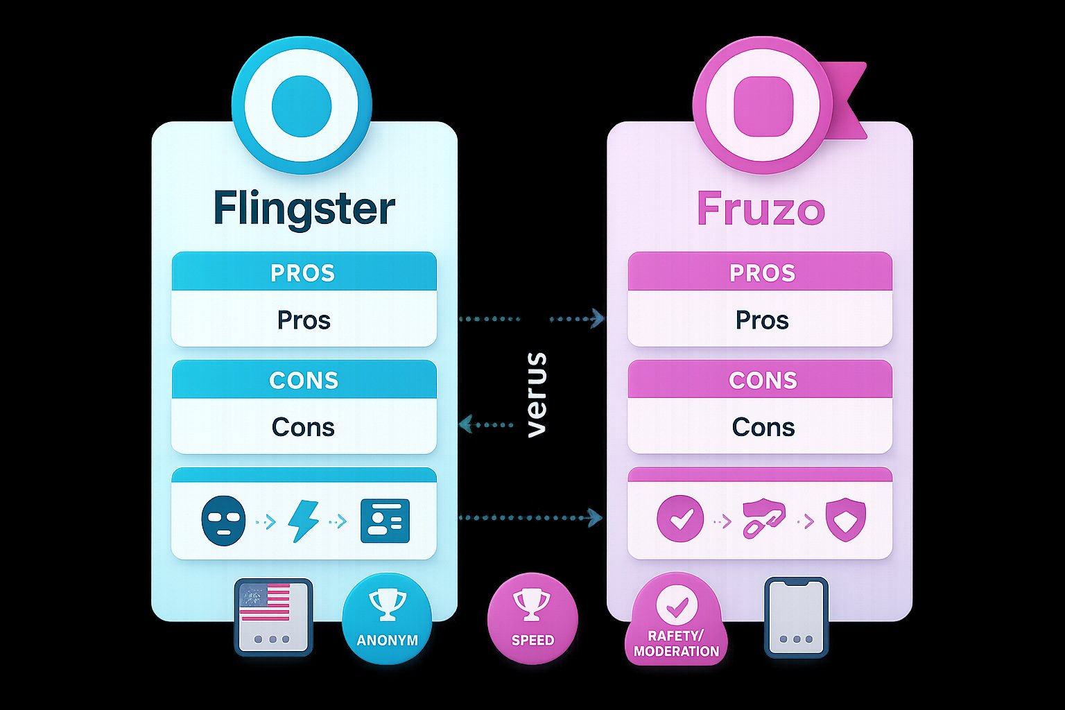 Two-column comparison infographic contrasting Flingster and Fruzo strengths and weaknesses.
