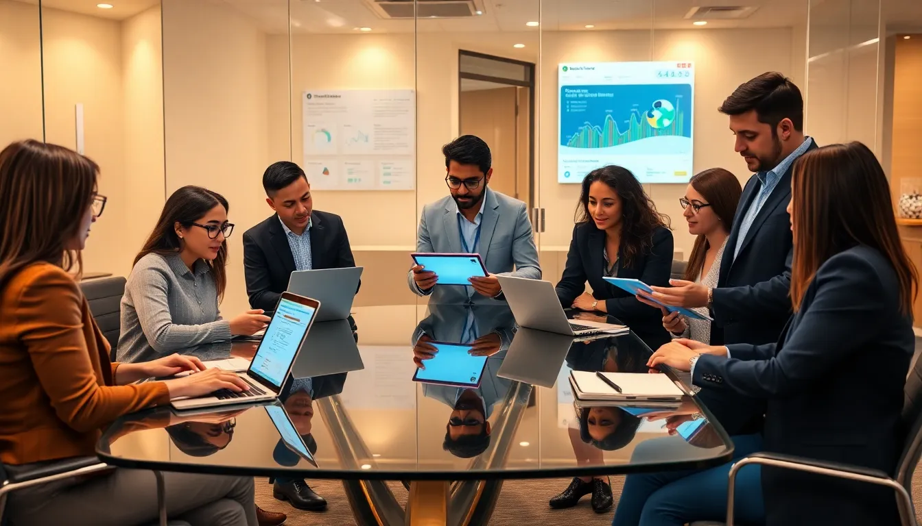 diverse sales team discussing digital selling tools in a modern office.