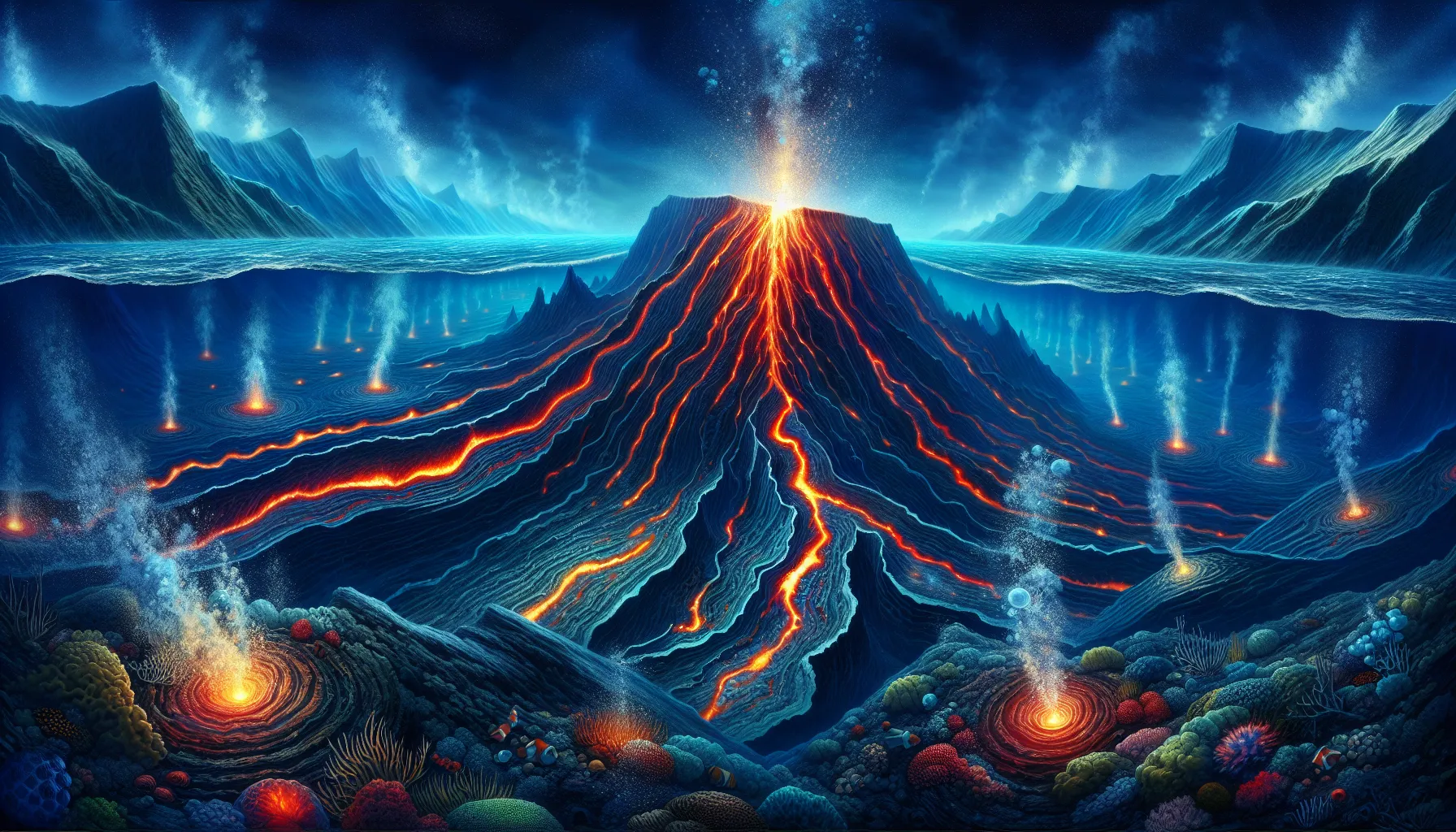 An underwater volcanic ridge forming new oceanic crust.