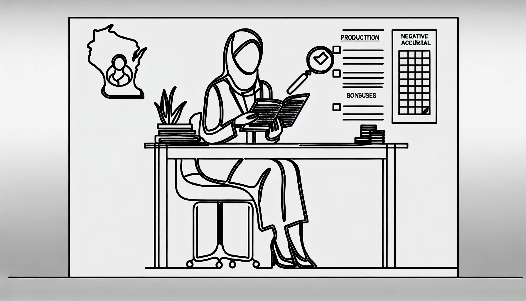 Veterinarian at a desk reviewing a compensation contract with Wisconsin outline.