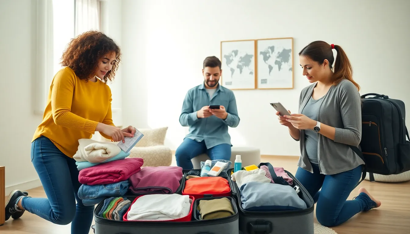 group efficiently packing for travel in a bright, modern room.