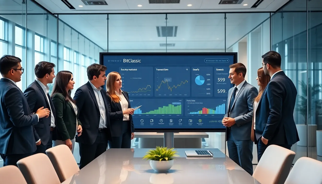 professionals discussing BitClassic blockchain in a modern office.