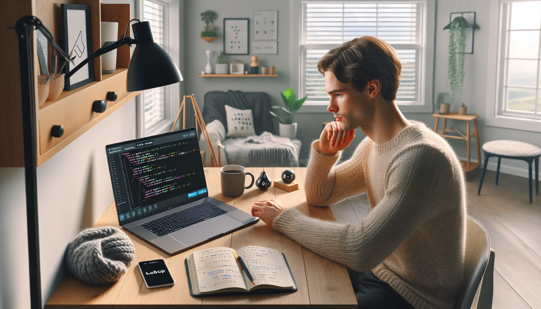 Norwegian beginner practicing coding exercises on a laptop with notes and plan.