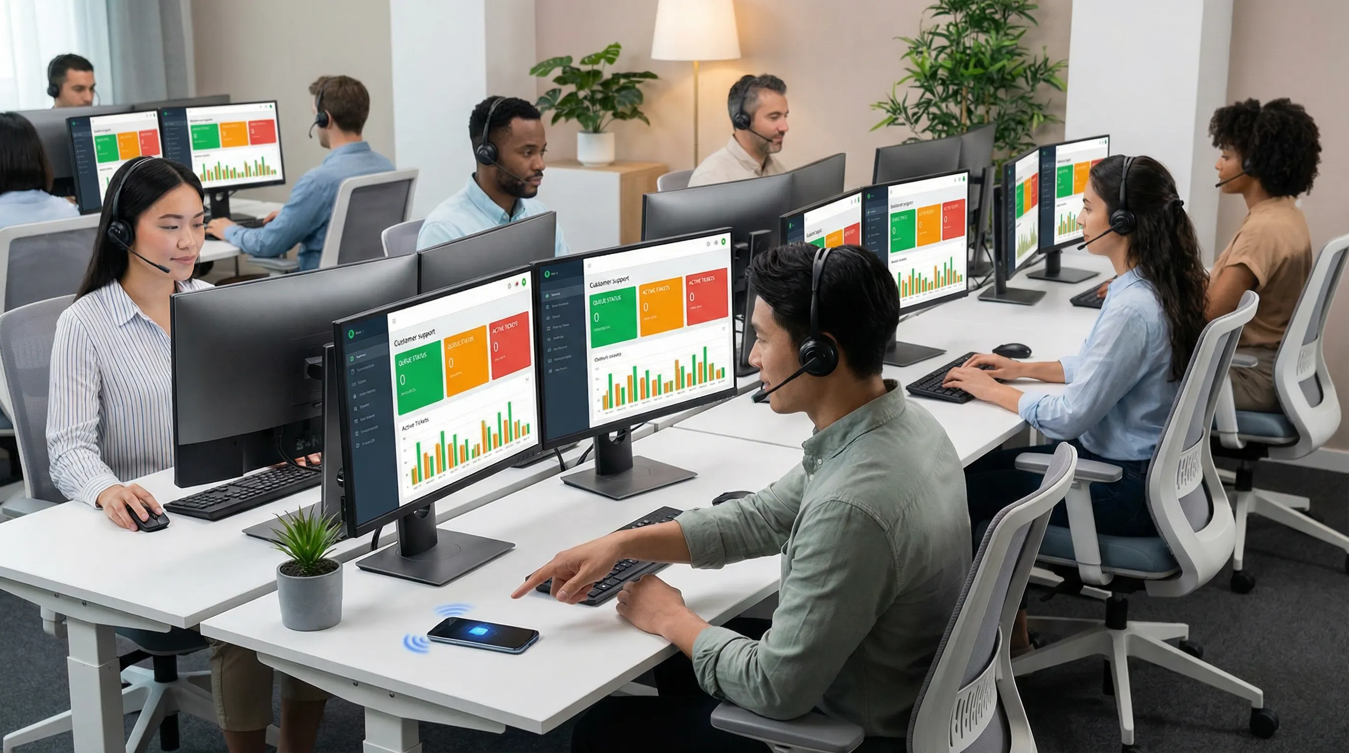 Customer support agents at modern desks viewing dashboards with live request queues and notifications that indicate fast, automated response handling.
