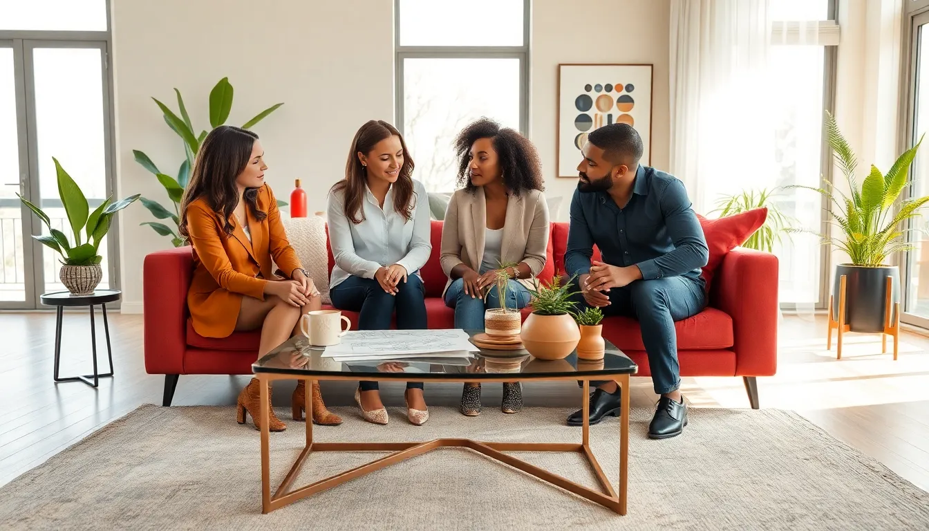 diverse team discussing interior design in a modern, eco-friendly space.