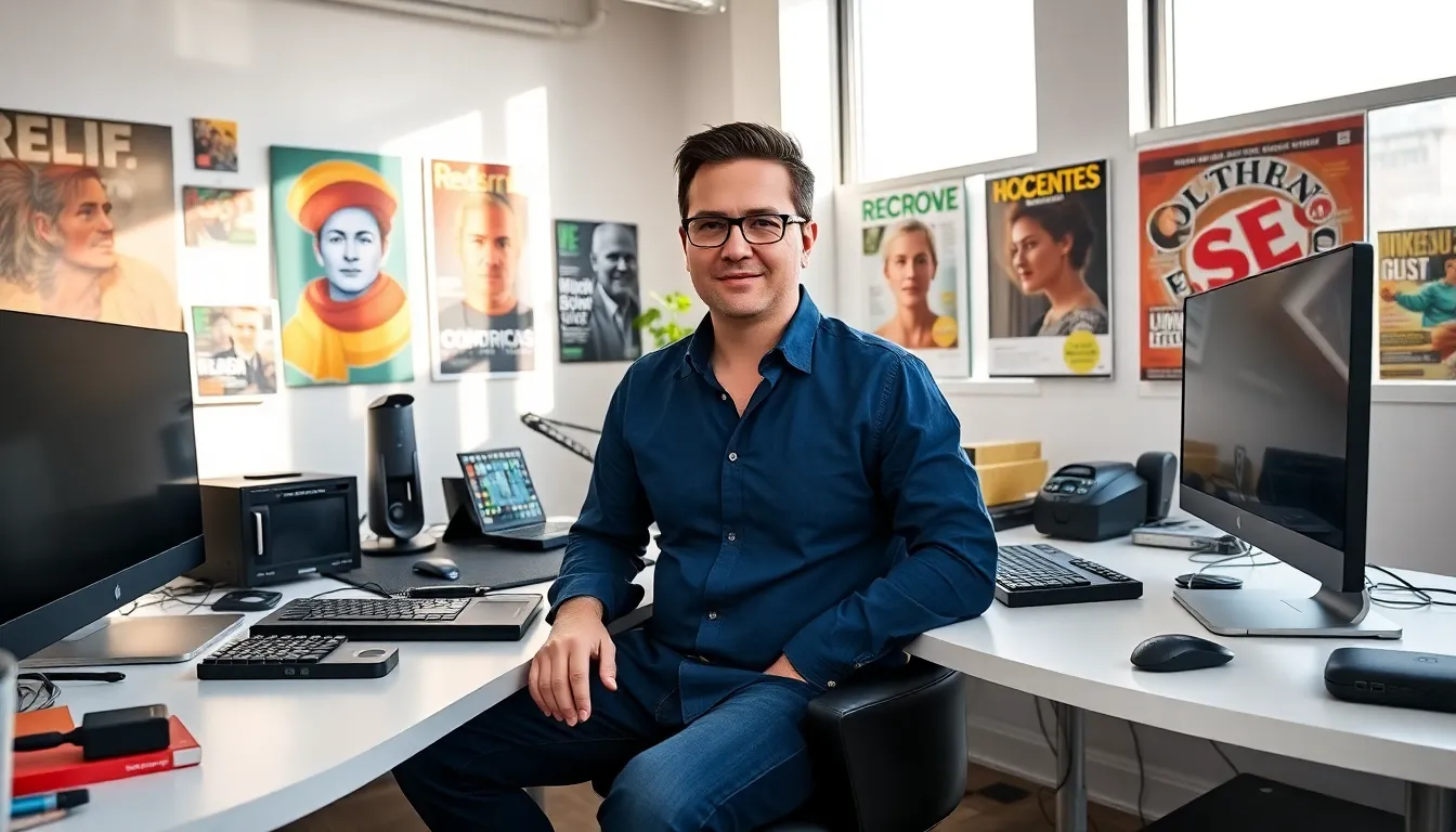 James Gussie in a creative office with vibrant artwork and magazine covers.