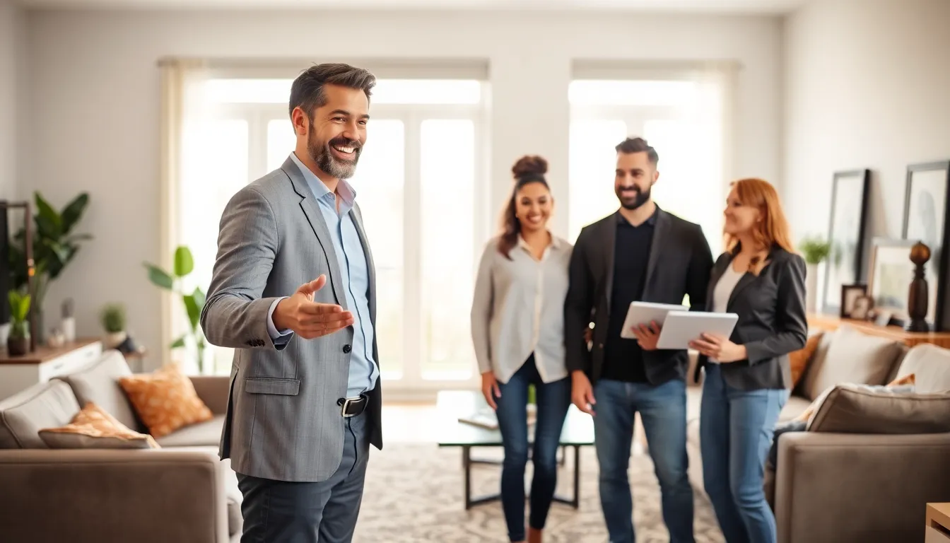 diverse landlord showing property to potential tenants in a modern setting.