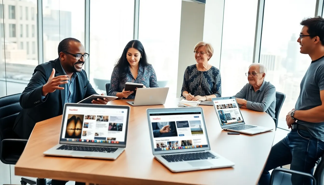 A diverse team collaborating in a bright, modern office.