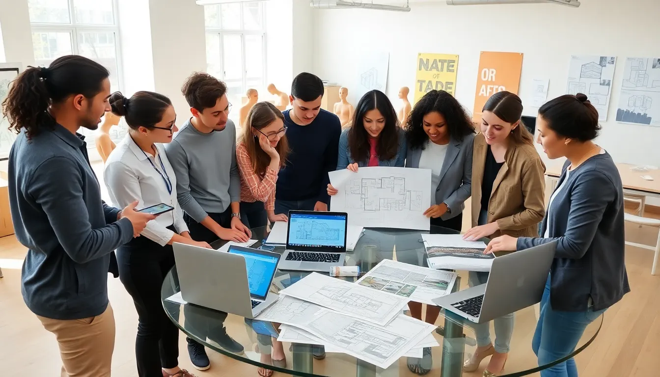 diverse architecture students collaborating in a modern design studio.