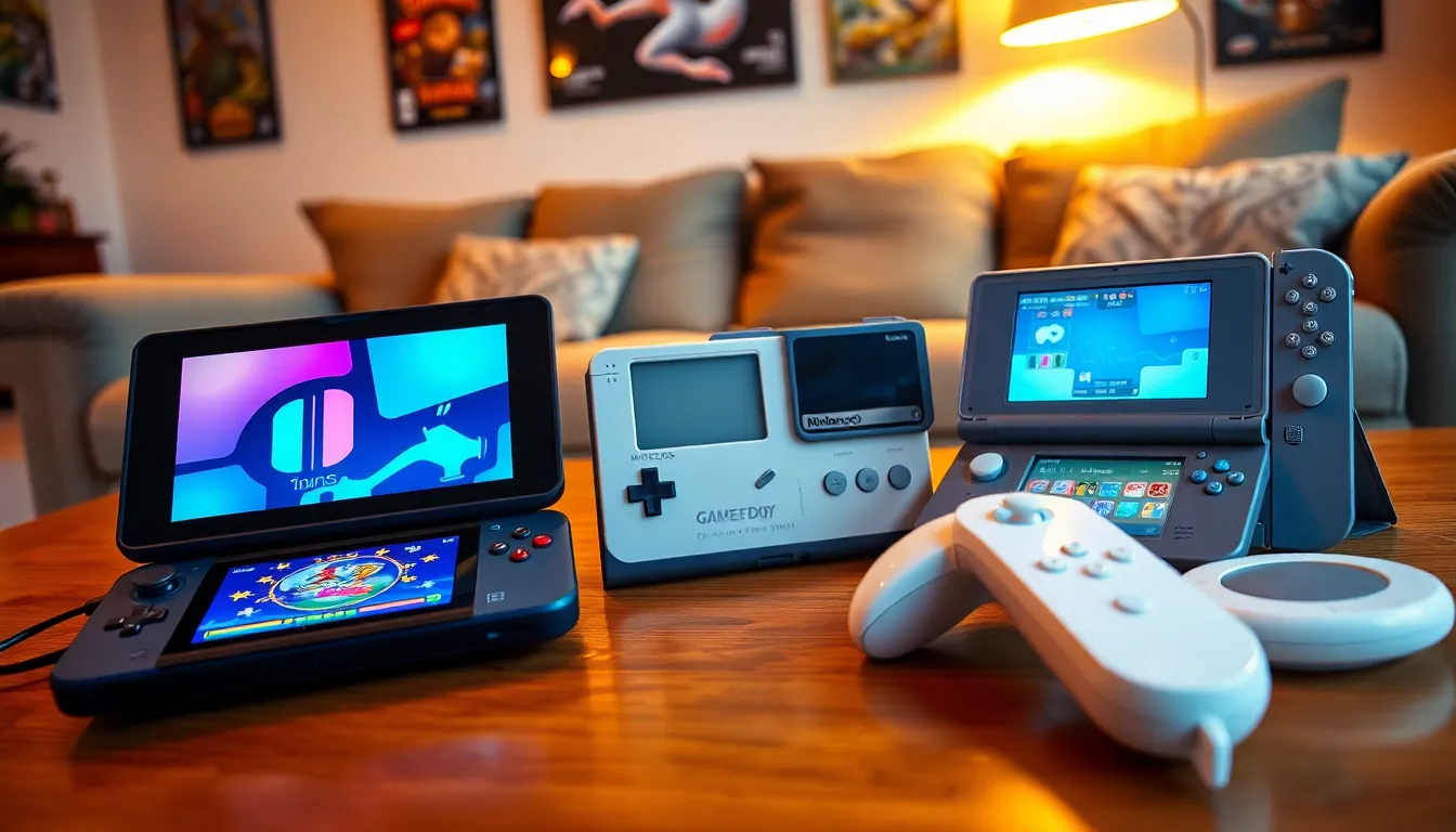 a modern display of various Nintendo gaming gadgets and consoles.