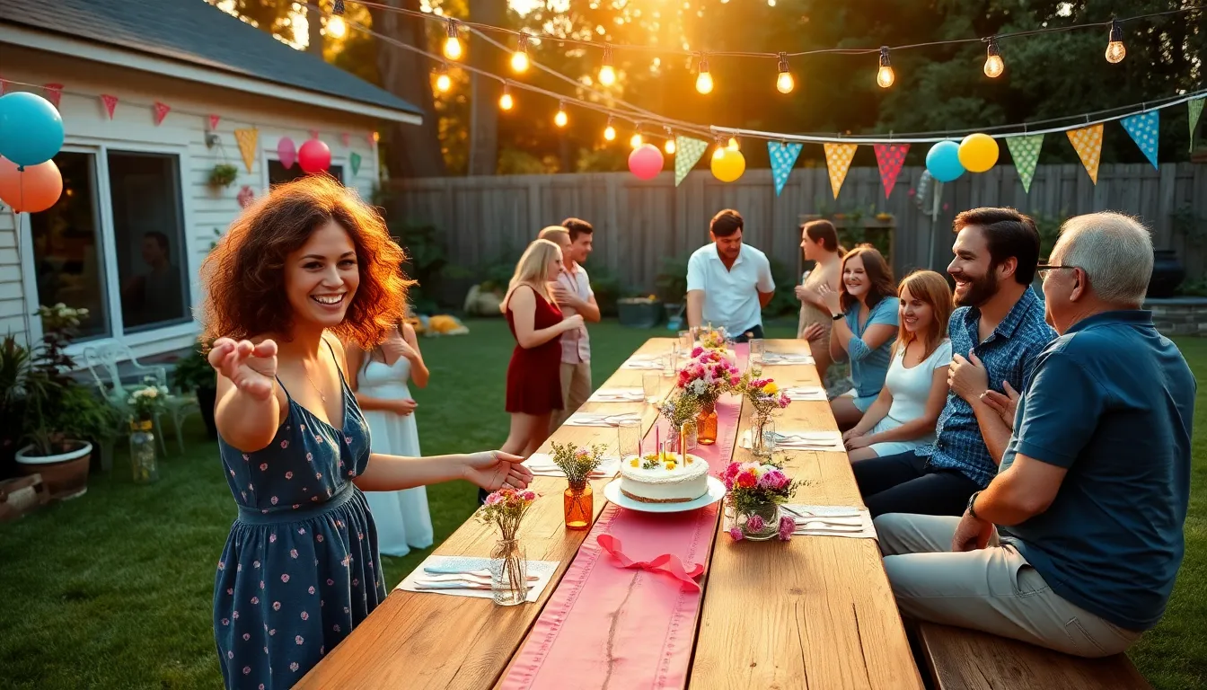 A cheerful outdoor gathering with a decorated table and happy guests.